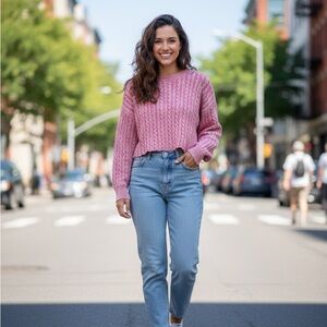 Aerie 100% Cotton Pink Cable Knit Cropped Sweater - Boho Pullover - Size L